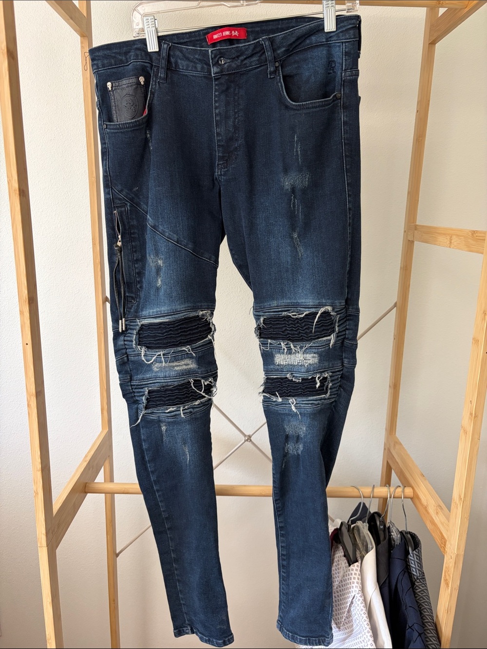 Moto-Style Distressed Skinny Jeans in Dark Blue by